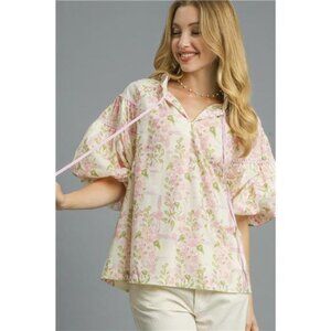NWT Umgee Floral Print Puff Sleeve Tie Neck Blouse